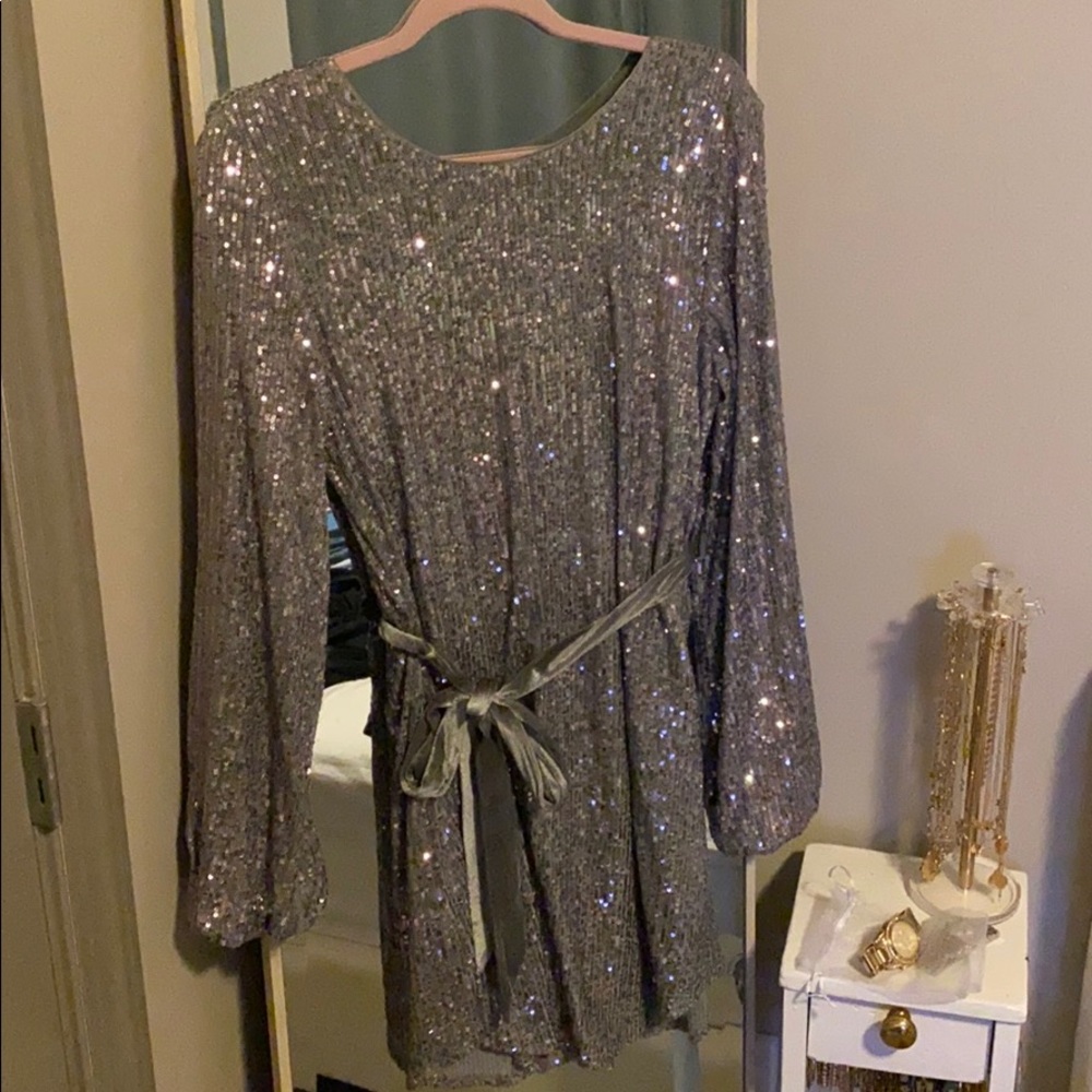 Silver Sequin Dress with Velvet Tie